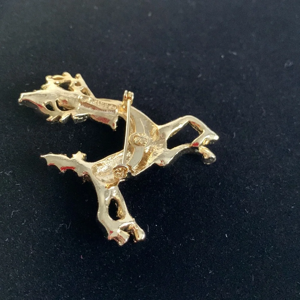 Gerry’s Reindeer Brooch Pin VTG Enamel Gold Tone Holly Leaves Berries Christmas